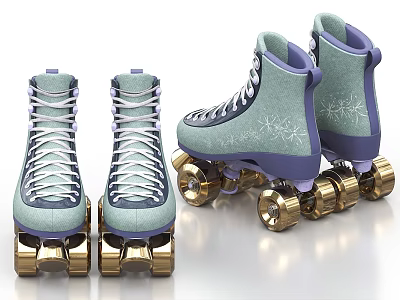 Light Blue Roller Skates With White Laces Golden Wheels And Snowflake Patterns Design 3d model