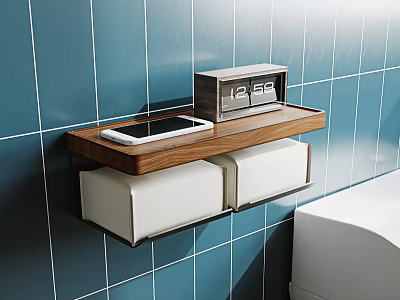 Bathroom Daily Necessities Wall Mounted Wooden Shelf With Tablet Clock And White Tissue Holders 3d model