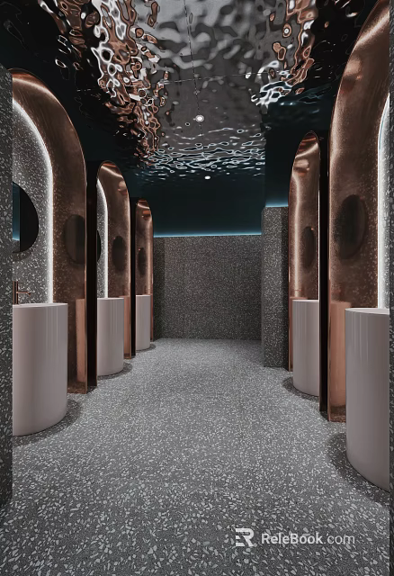 Modern Public Toilet Interior With Copper Decor Terrazzo Flooring And Curved Design 3d model 