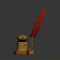 Classic Red Feather Quill And Gold Inkwell Set With Blue Decoration On Orange Base