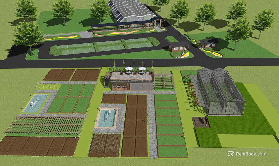 Orderly Garden Landscape Design With Vegetable Plots Greenhouse And Water Feature 3d model 
