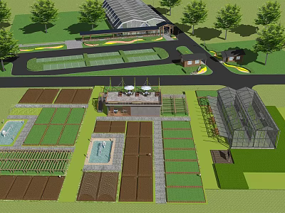 Orderly Garden Landscape Design With Vegetable Plots Greenhouse And Water Feature 3d model