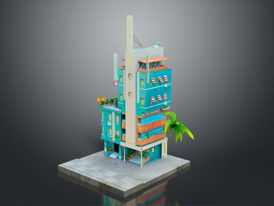 Colorful Multi Story Building 3D Model with Exterior Balconies and Palm Tree 3d model