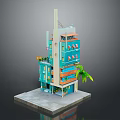 Colorful Multi Story Building 3D Model with Exterior Balconies and Palm Tree