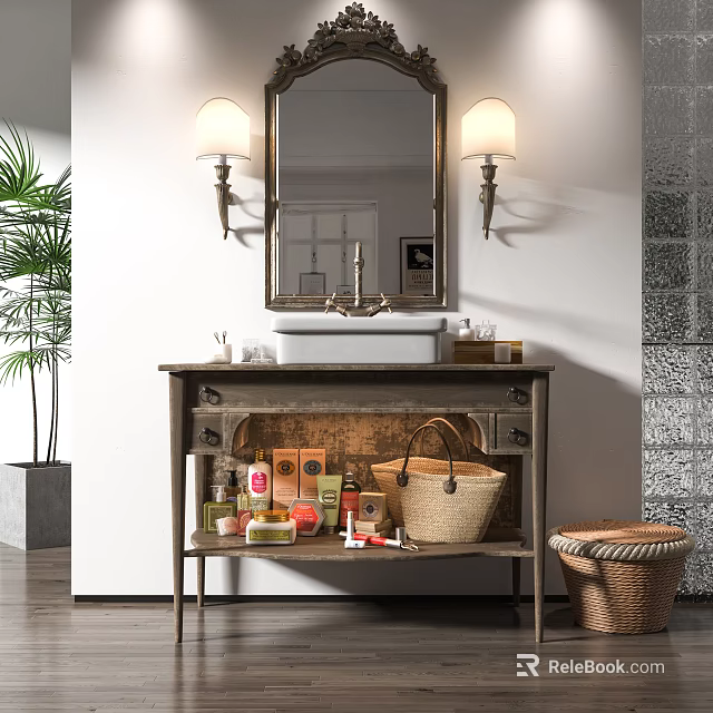 Rustic Wooden Vanity with Mirror and Wall Lamps Toiletries and Wicker Basket in Bathroom 3d model 