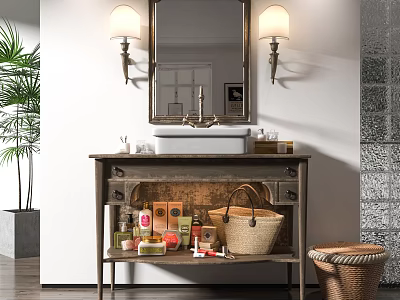 Rustic Wooden Vanity with Mirror and Wall Lamps Toiletries and Wicker Basket in Bathroom 3d model