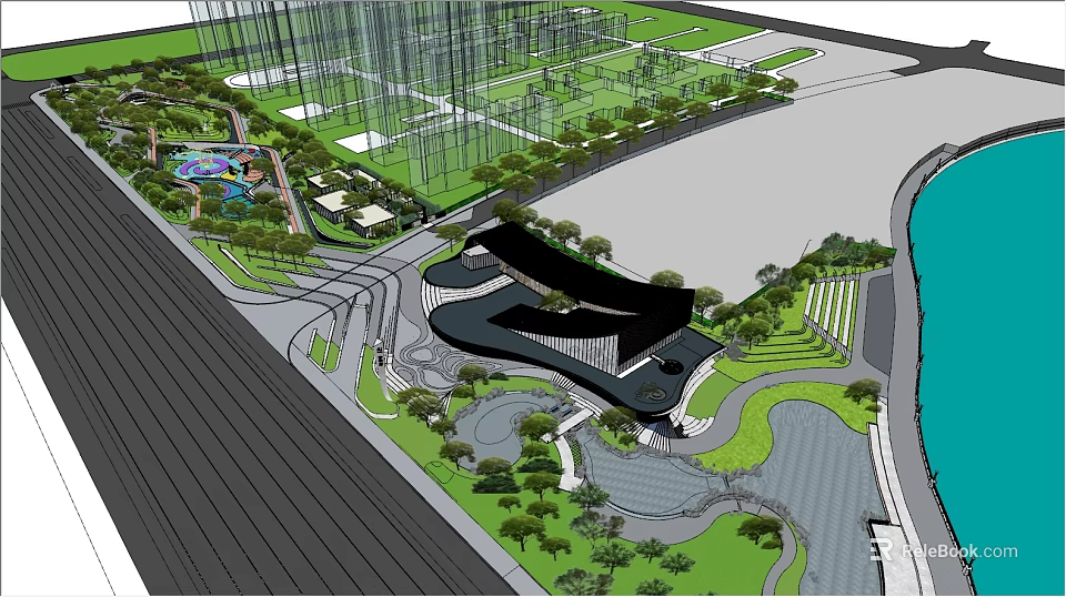 Modern Sales Office Building Design With Curved Roof Landscaped Gardens And Water Features 3d model 