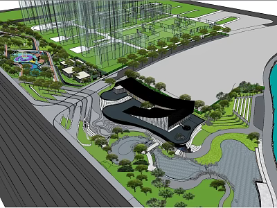 Modern Sales Office Building Design With Curved Roof Landscaped Gardens And Water Features 3d model