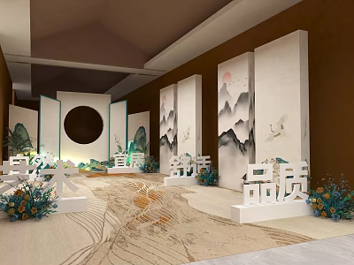 Chinese Style Activity Passage With Landscape Screens 3D Quality Art Characters And Green Plants 3d model