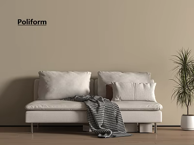 Poliform White Sofa Bed With Pillows Checked Blanket And Potted Plant On Wooden Floor 3d model