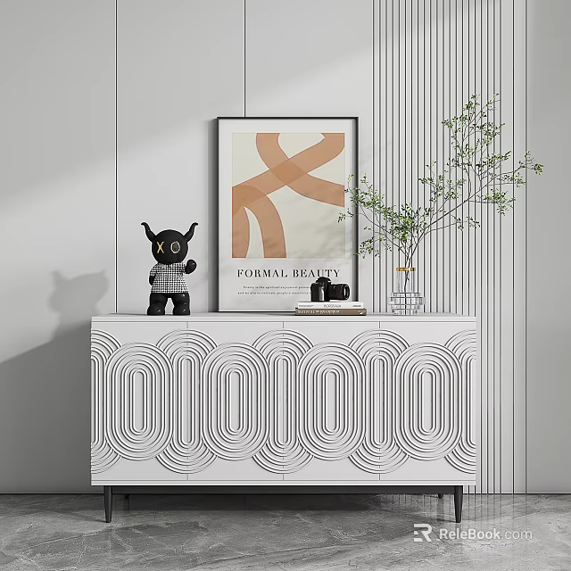 Modern Decorative Ornament Set With Black Doll Art Print Green Plant And Cup On Cabinet 3d model 