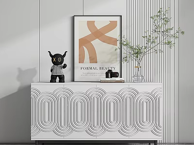Modern Decorative Ornament Set With Black Doll Art Print Green Plant And Cup On Cabinet 3d model