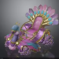 Peacock Shaped Decorative Throne With Pink Blue Purple Feathers Gemstones And Golden Details