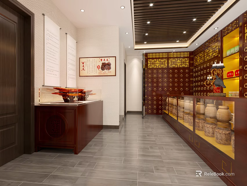 Traditional Chinese Pharmacy Interior With Wooden Cabinets Herbal Jars And Decorative Wall Art 3d model 