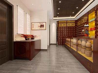 Traditional Chinese Pharmacy Interior With Wooden Cabinets Herbal Jars And Decorative Wall Art 3d model