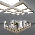 Modern Exhibition Hall With XINUI Logo Display Counters Racks And Ceiling Lights 3d model