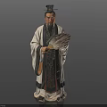 Man Wearing Traditional Ancient Robe Holding Feather Fan And Historical Headpiece