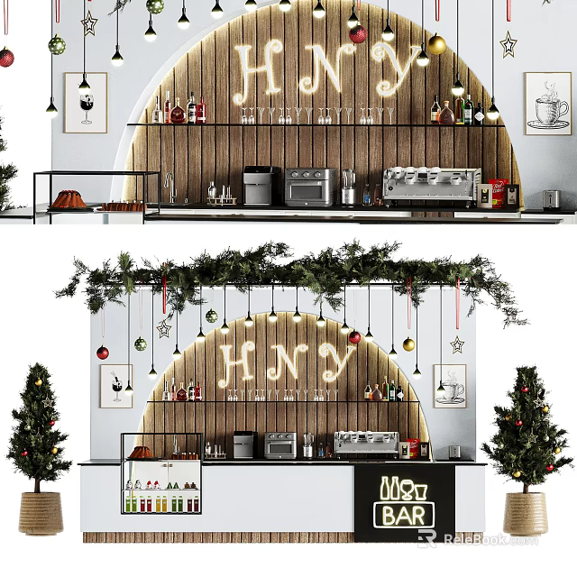 Festive Bar Interior Design With HNY Sign Greenery Decorations And Christmas Trees 3d model 