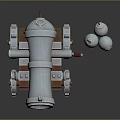 Vintage Cannon Weapon with Metal Barrel Wooden Carriage and Wheels and Cannonballs on Dark Background