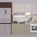 Modern Kitchen Interior With Light Green Wall Cabinets Stove And Refrigerator