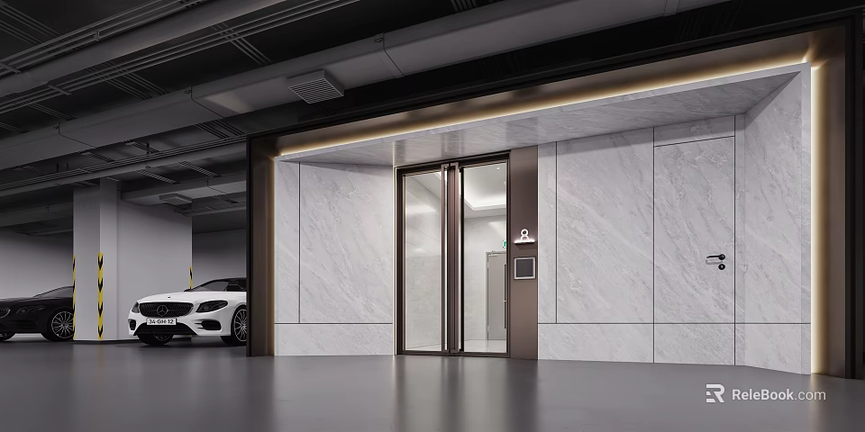 Modern Parking Garage Entrance With Glass Doors And Marble Walls Design 3d model 