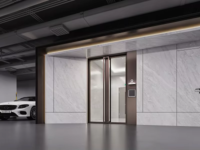 Modern Parking Garage Entrance With Glass Doors And Marble Walls Design 3d model