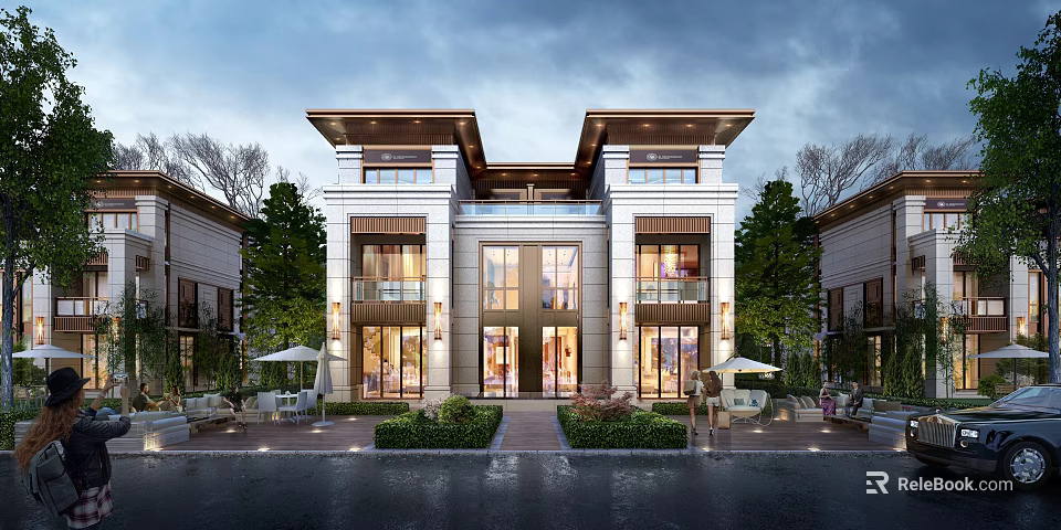 Elegant Modern Detached Villa Exterior Design With Stone Facade Large Windows And Landscaped Garden 3d model 