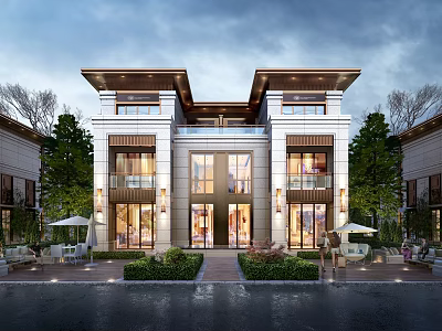 Elegant Modern Detached Villa Exterior Design With Stone Facade Large Windows And Landscaped Garden 3d model