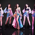 Five Stylish Women in Outfits With Gorgeous Long Dress Center Black Background Purple Pink Lighting