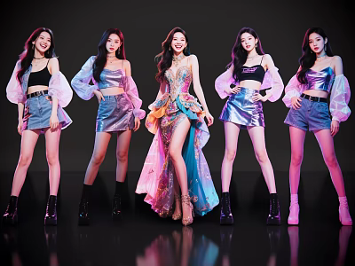 Five Stylish Women in Outfits With Gorgeous Long Dress Center Black Background Purple Pink Lighting 3d model