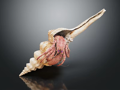 Aquatic Animal Hermit Crab Emerging From Spiral Conch Shell With Pinkish Purple Legs 3d model