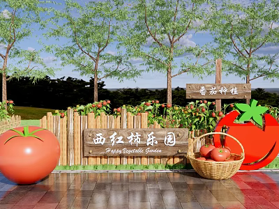 Rural Landscape with Tomato Garden Wooden Sign Basket of Tomatoes Green Trees and Wooden Fence 3d model