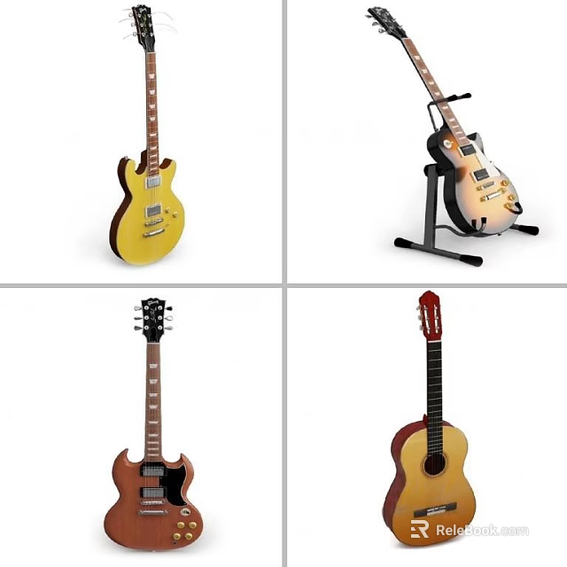Collection Of Acoustic Electric Classical Guitars With Unique Designs And Stands 3d model 