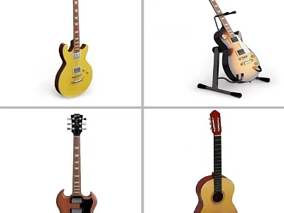 Collection Of Acoustic Electric Classical Guitars With Unique Designs And Stands 3d model