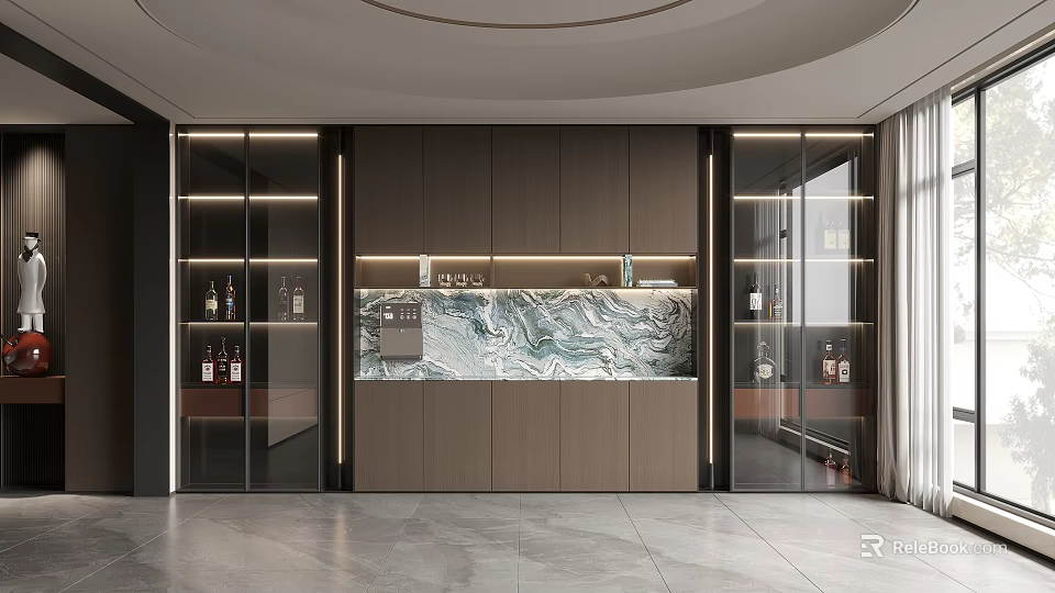 Modern Wine Cabinet With Glass Doors LED Lighting And Marble Backdrop Design 3d model 