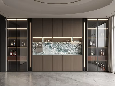 Modern Wine Cabinet With Glass Doors LED Lighting And Marble Backdrop Design 3d model
