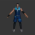 3D Character In Blue Vest And Shorts With Black Wristbands Standing On Gray Background