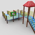 Colorful Outdoor Playground Equipment With Red Roof Slides Yellow Railings And Blue Platforms