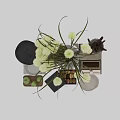Decorative Ornament Set With White Flowers Transparent Vase Geometric Ornaments And Stacked Books