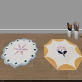 Scalloped edge circular and octagonal shaped rugs with floral patterns in pink green yellow purple