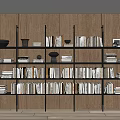 Modern Bookcase With Wooden Wall Background Filled With Books Decorative Bowls Vases And Frames