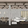 Dining and Living Room Interior With Wooden Ceiling Concrete Pillar Gray Walls And Sofa