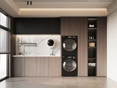 Modern Laundry Room Interior Design With Washer Dryer Marble Countertop And Wooden Cabinets 3d model