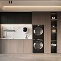 Modern Laundry Room Interior Design With Washer Dryer Marble Countertop And Wooden Cabinets