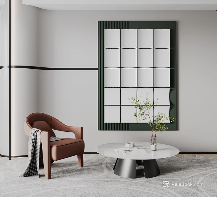 Contemporary Living Room With Brown Armchair Round Coffee Table And Green Framed Grid Mirror 3d model 