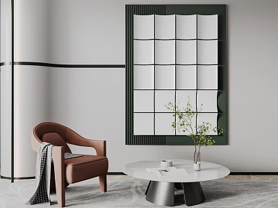 Contemporary Living Room With Brown Armchair Round Coffee Table And Green Framed Grid Mirror 3d model