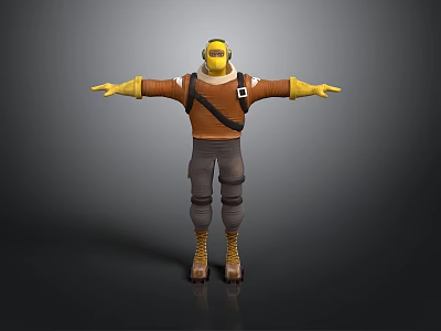 3D Character Model With Yellow Helmet Brown Jacket Gray Pants And Outstretched Arms 3d model