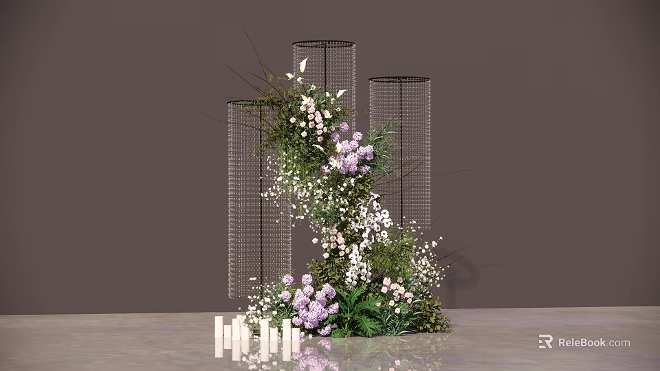Floral Installation Design With Wire Mesh Structures Purple White Flowers Greenery And White Candles 3d model 