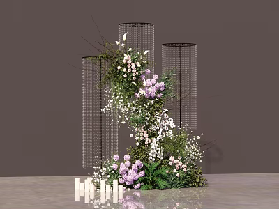 Floral Installation Design With Wire Mesh Structures Purple White Flowers Greenery And White Candles 3d model