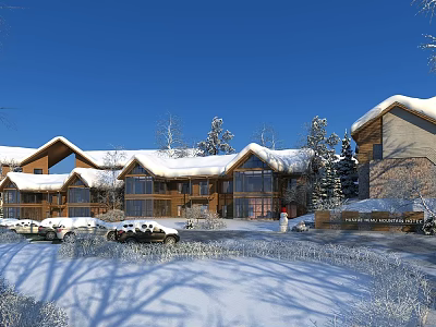 Stunning Winter Snow Scenery With Snow Covered Buildings Trees Parked Cars And Blue Sky 3d model